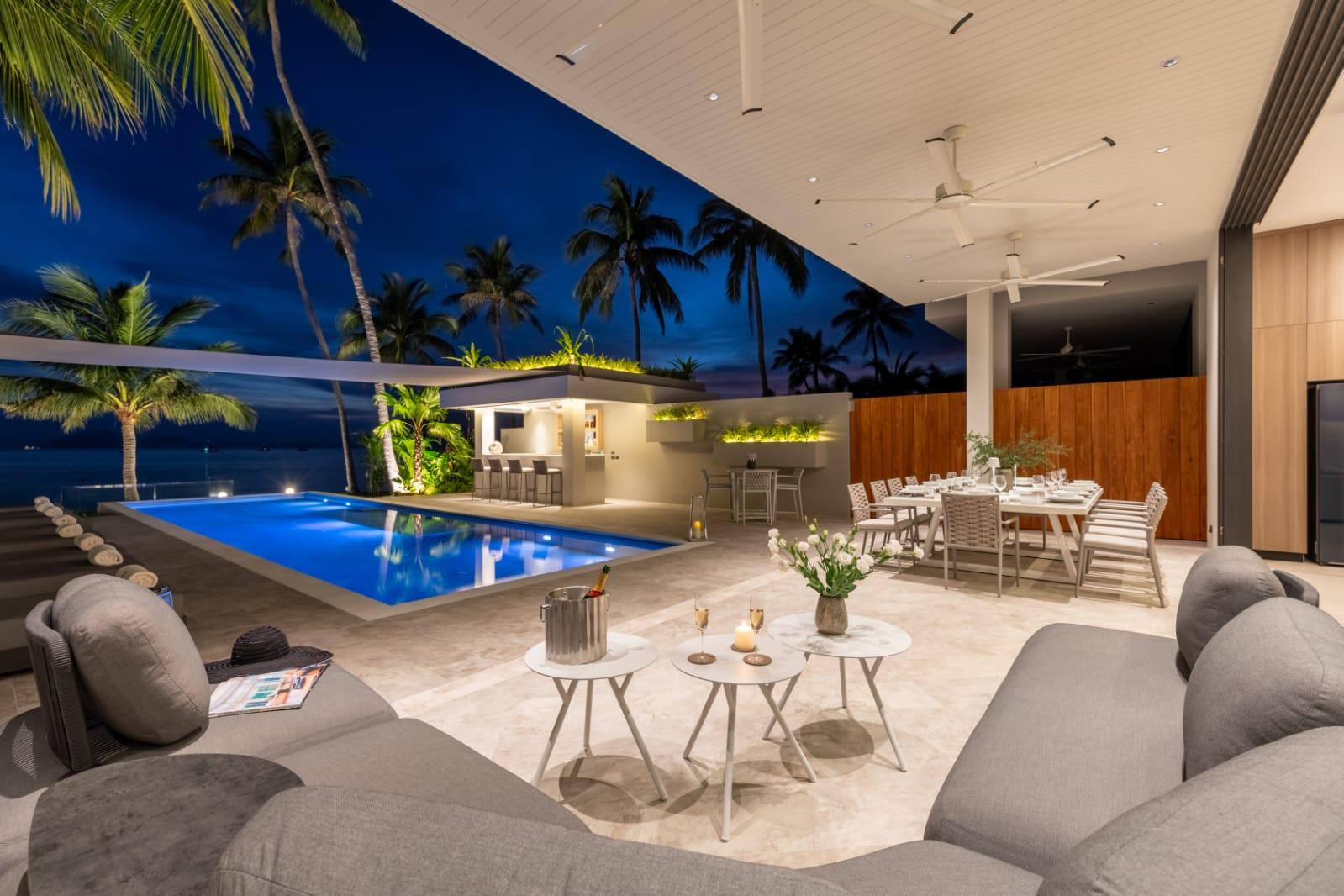 Luxury villa terrace at dusk